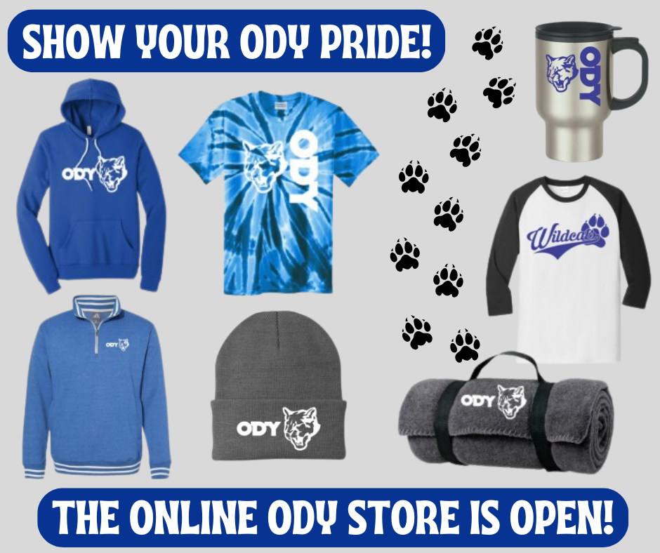 merchandise branded with ODY and a wildcat