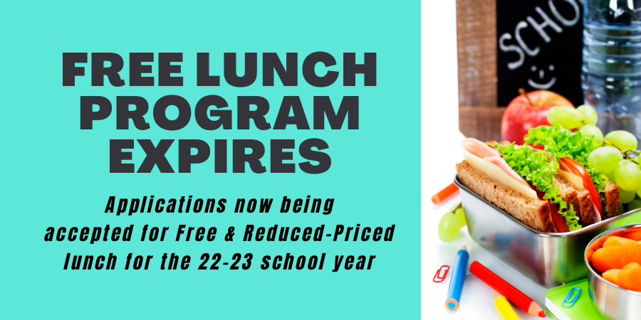 a school lunch is shown next to text that says "Free Lunch Program Expires"