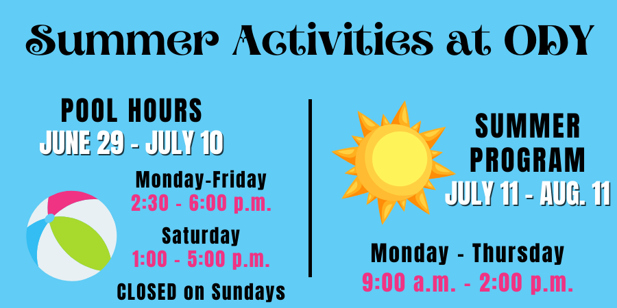a blue background shows a graphic of summer activities